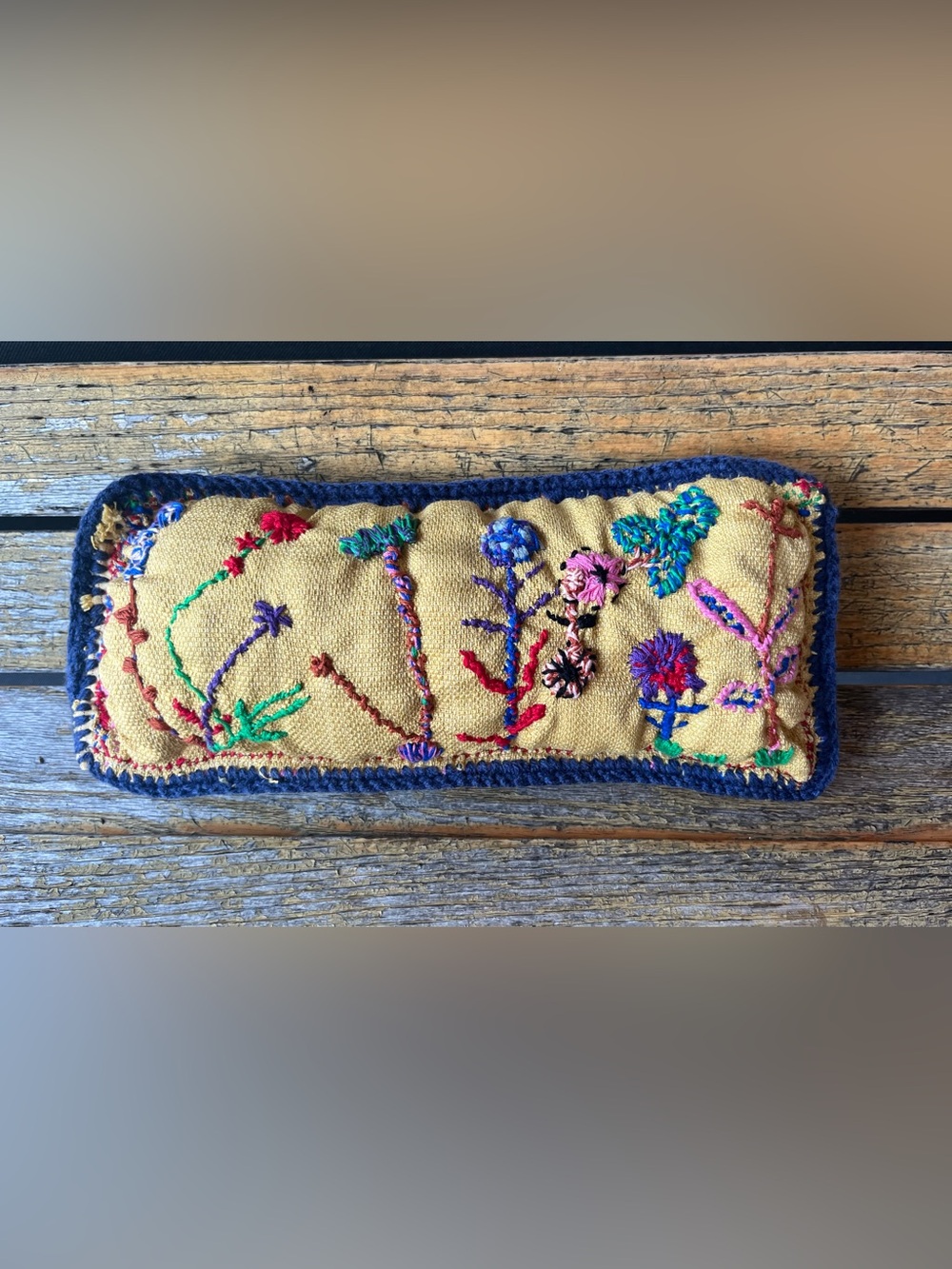 Hand-Embroidered Mustard Floral Key & Card Holder with Navy Trim